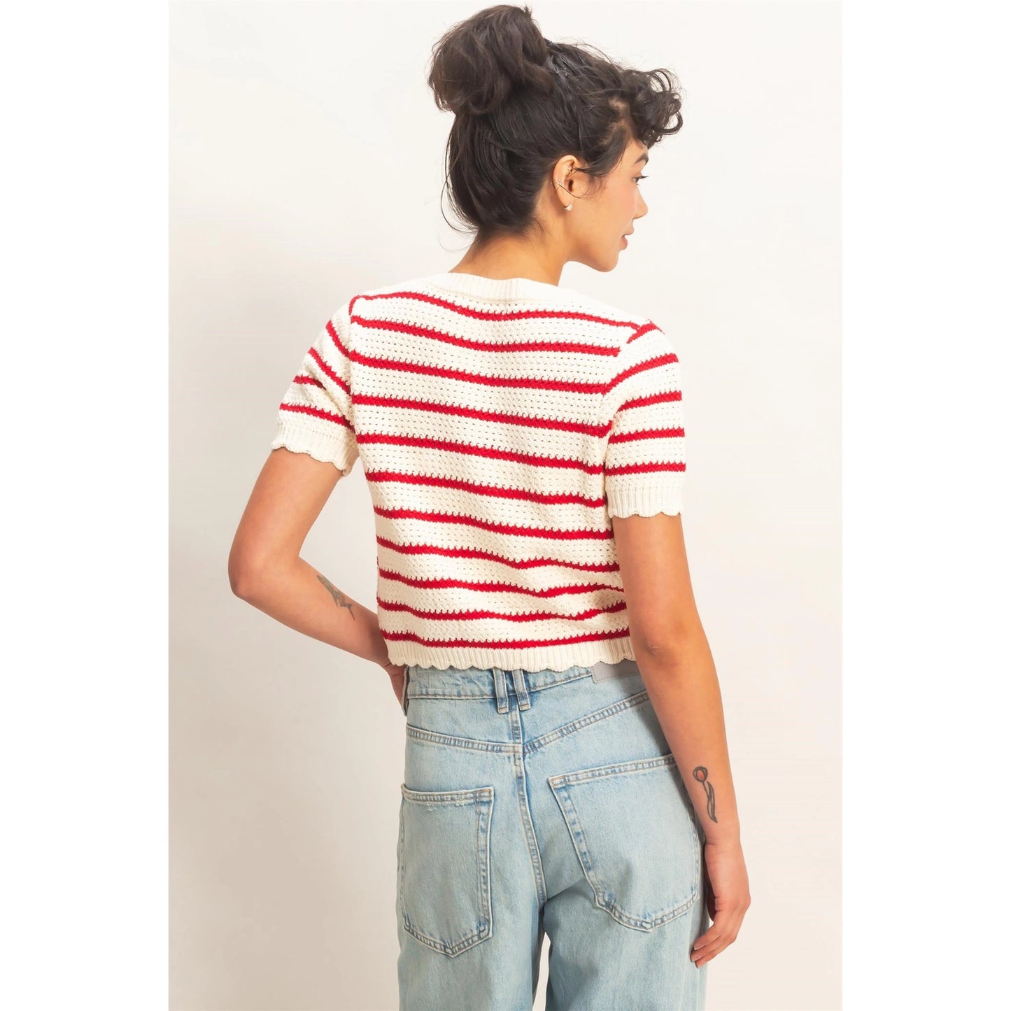 Red and White Scallop Cardigan
