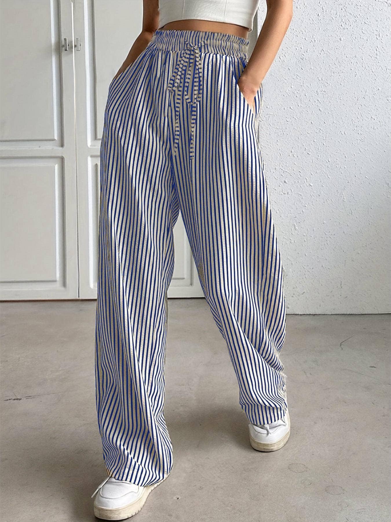 Drawstring casual trousers striped wide-leg pants