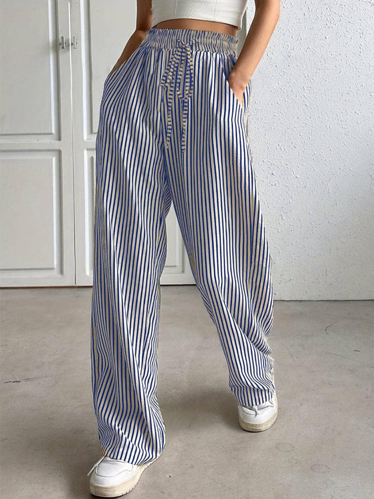Drawstring casual trousers striped wide-leg pants