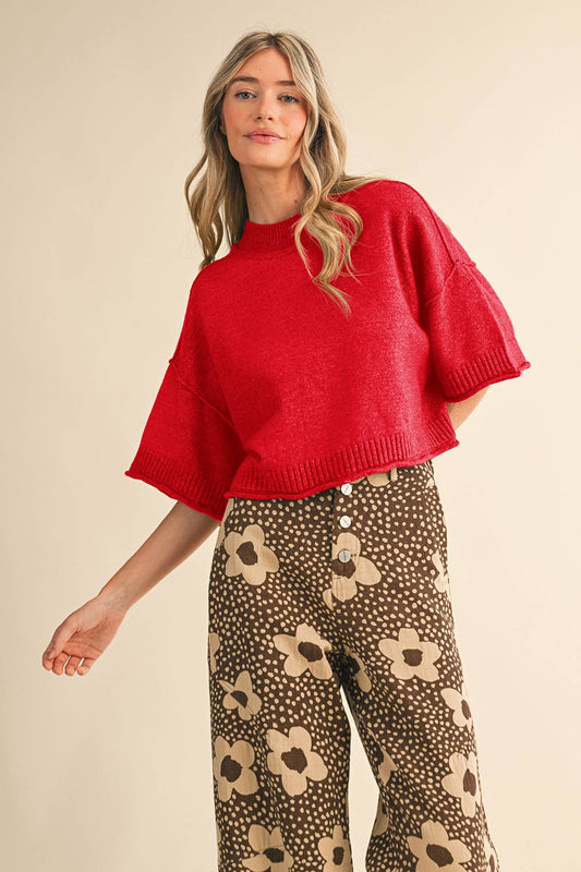 MARLED KNIT MOCK NECK SHORT SLEEVE SWEATER