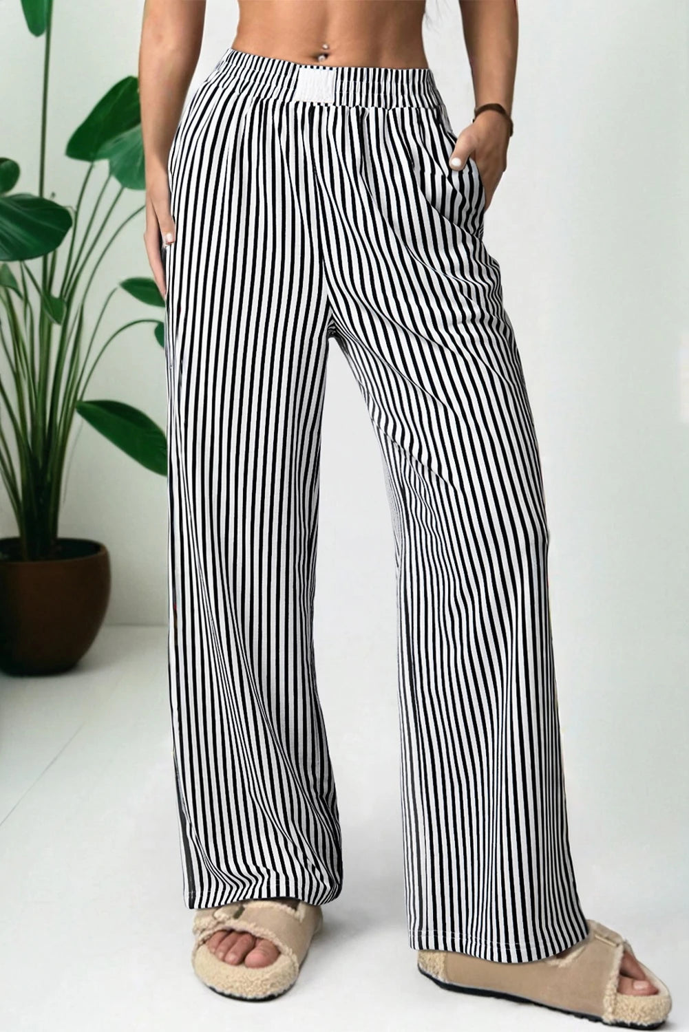 Black Striped Wide Leg Pants