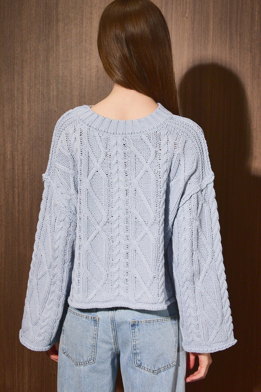 Blue Cropped Cable Knit Sweater