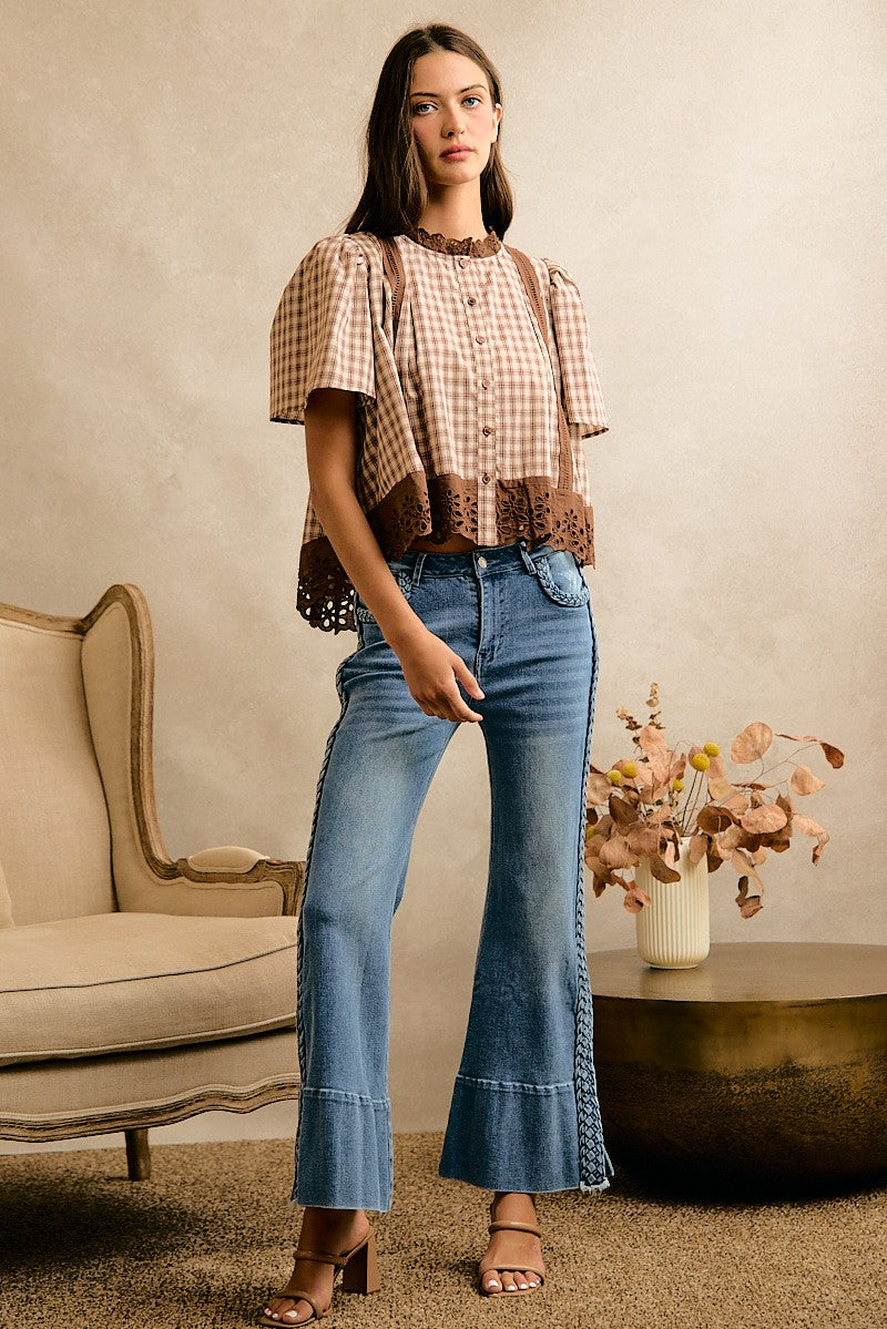 Brown Gingham Lace Trim Flutter Sleeves  Top