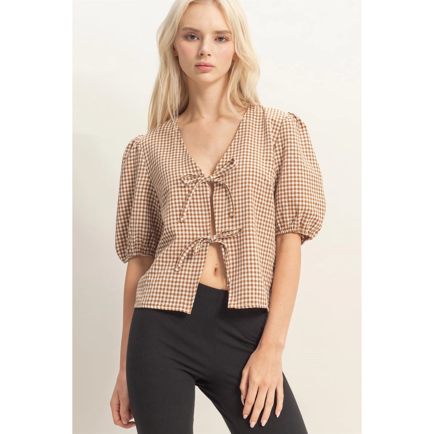 Brown Gingham Bow Top