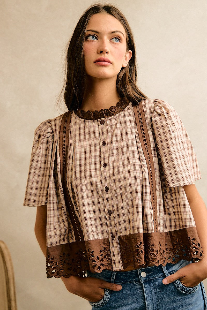 Brown Gingham Lace Trim Flutter Sleeves  Top