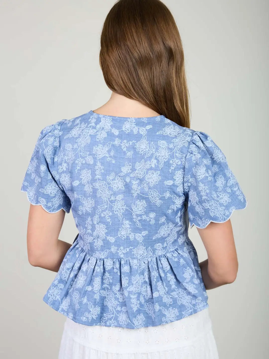 Floral Embroidery Front Tie Denim Top