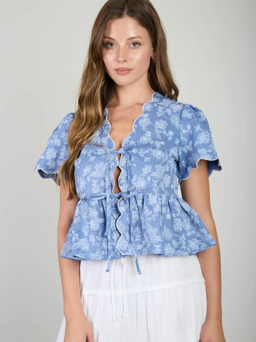 Floral Embroidery Front Tie Denim Top