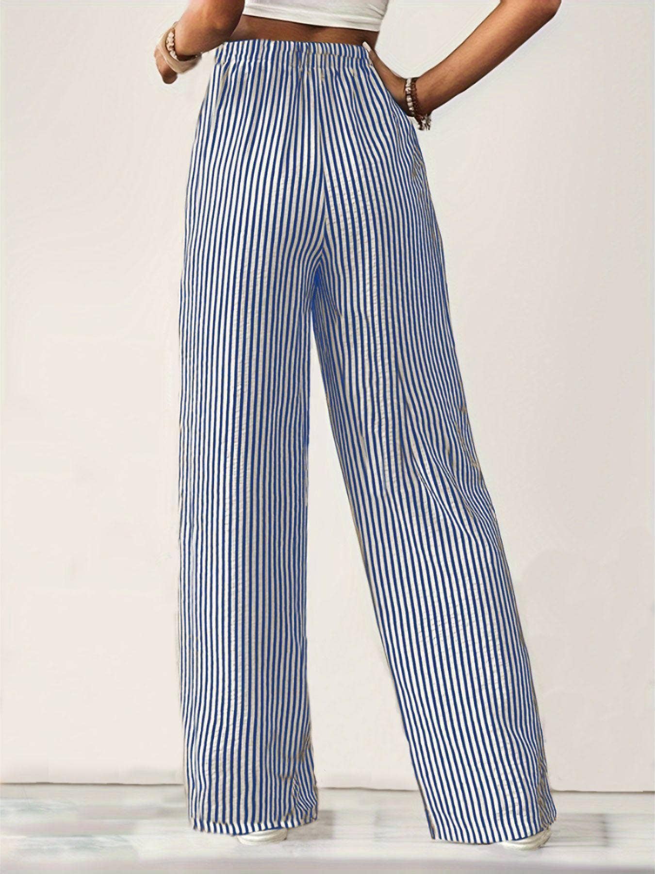 Drawstring casual trousers striped wide-leg pants
