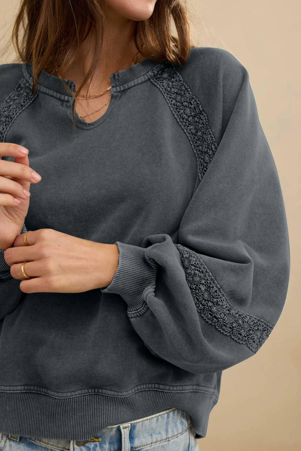 Gray Lace Patchwork Sweatshirt