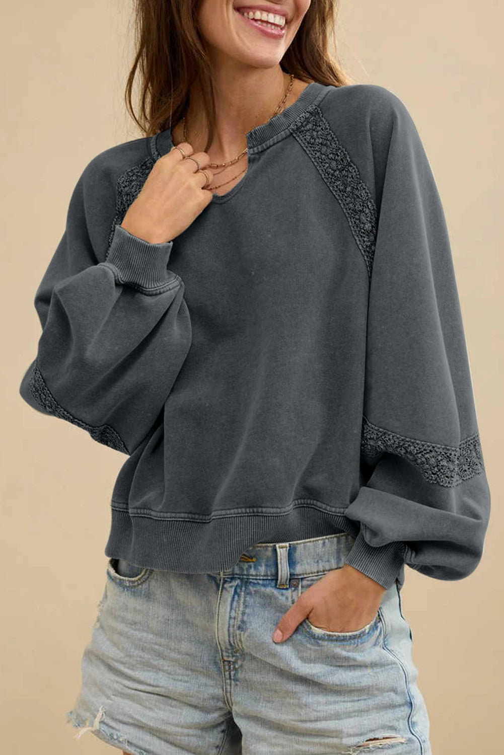 Gray Lace Patchwork Sweatshirt