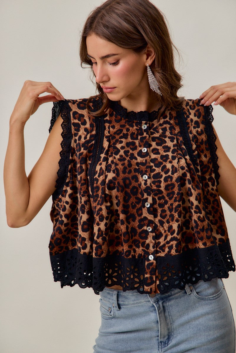 Leopard Button Up Pleated Sleeveless Top