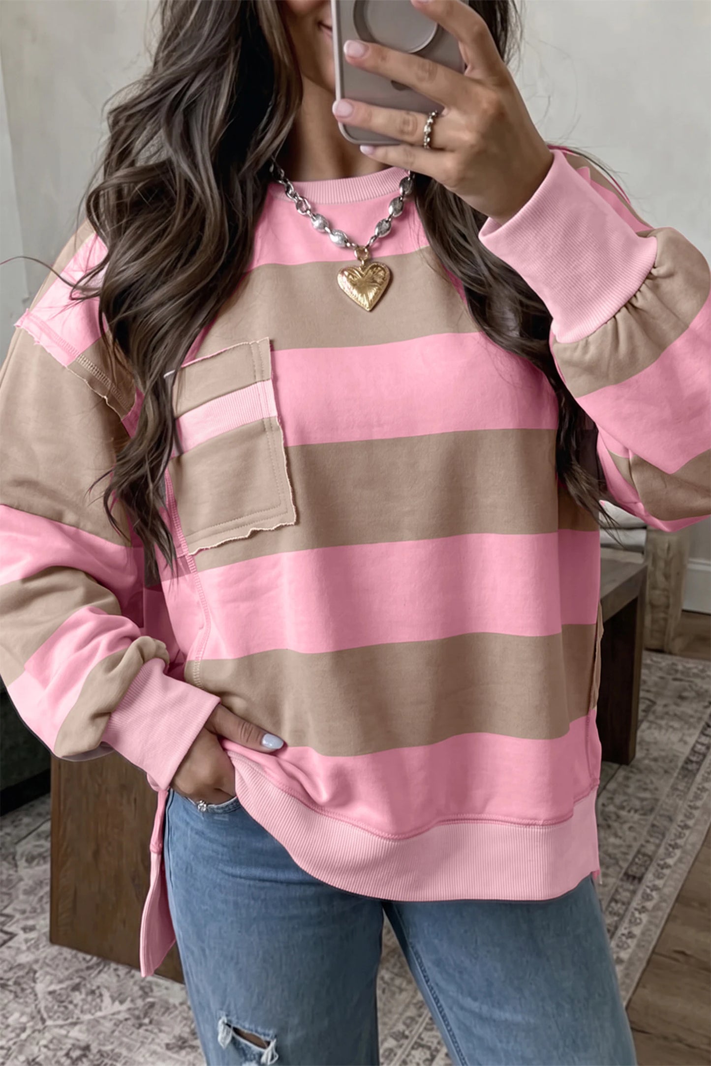 Pink and Brown Stripe Sweatshirt