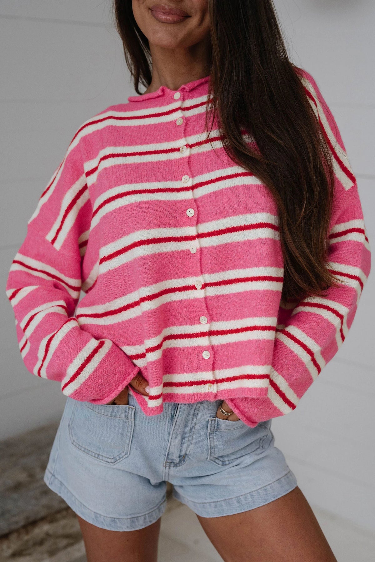 Pink and Red Striped Cardigan