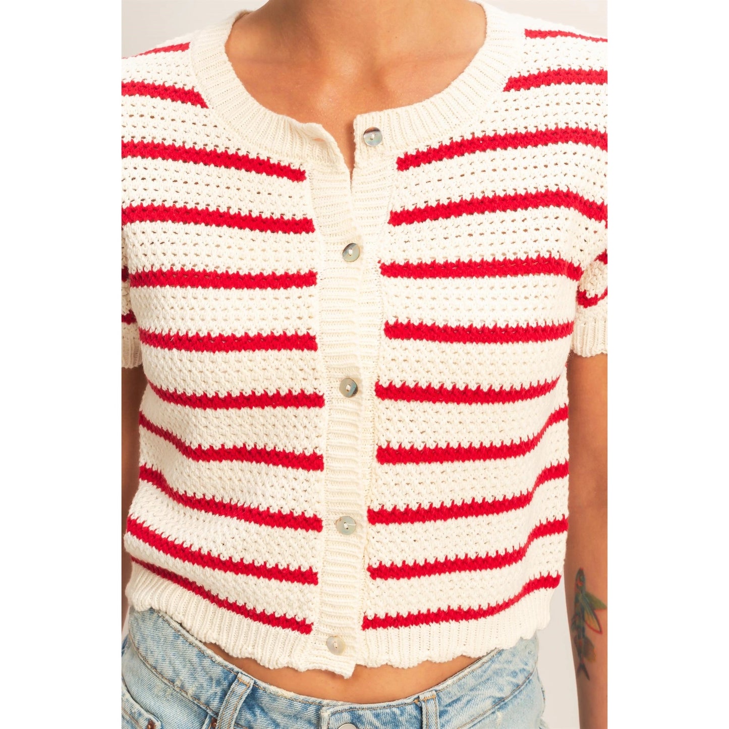 Red and White Scallop Cardigan