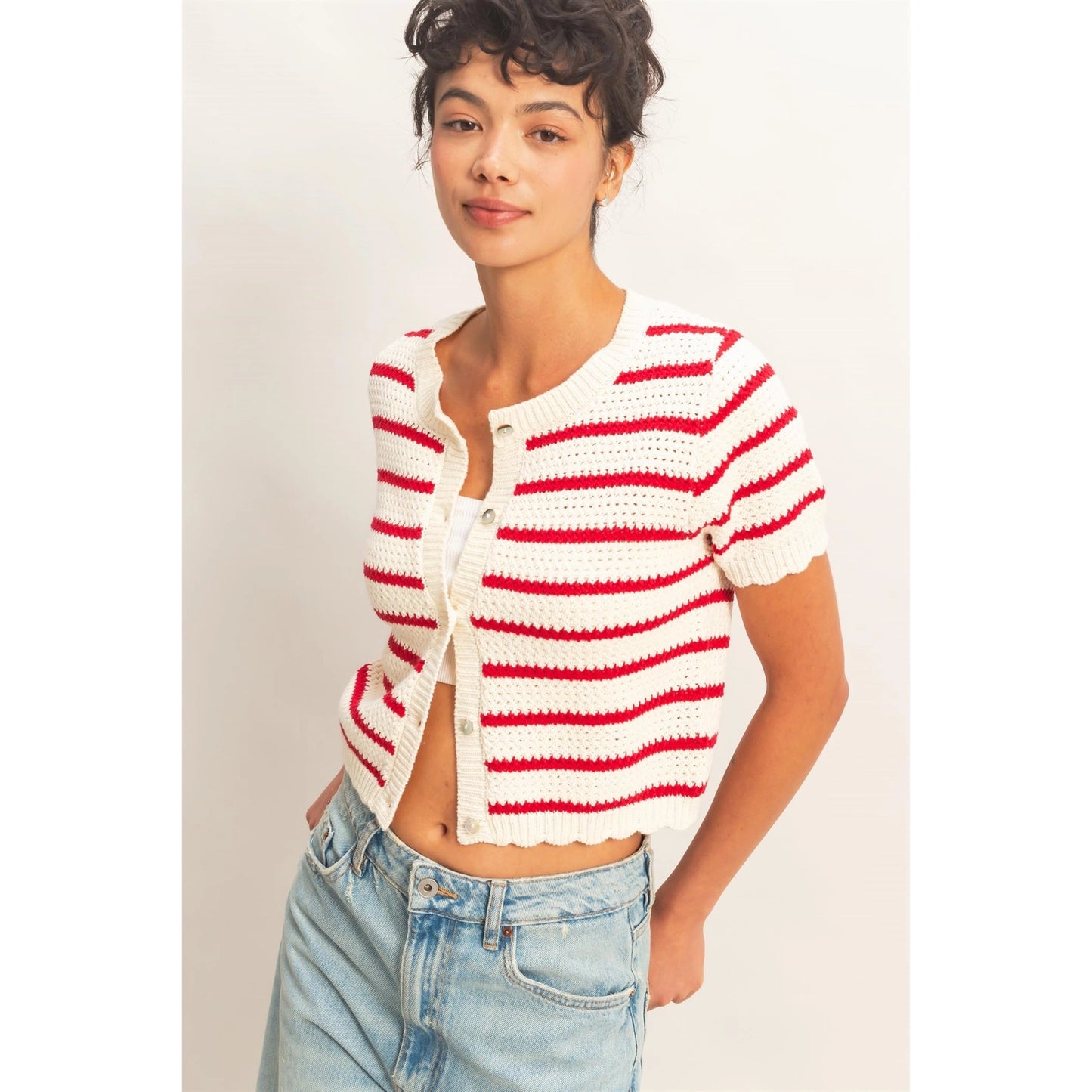 Red and White Scallop Cardigan