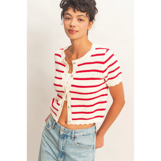 Red and White Scallop Cardigan